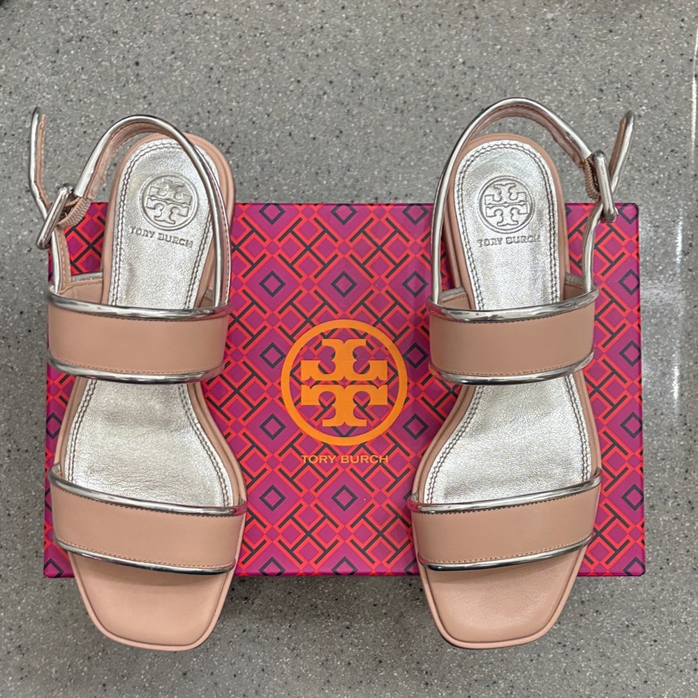 Tory Burch Tan and Silver Sandals